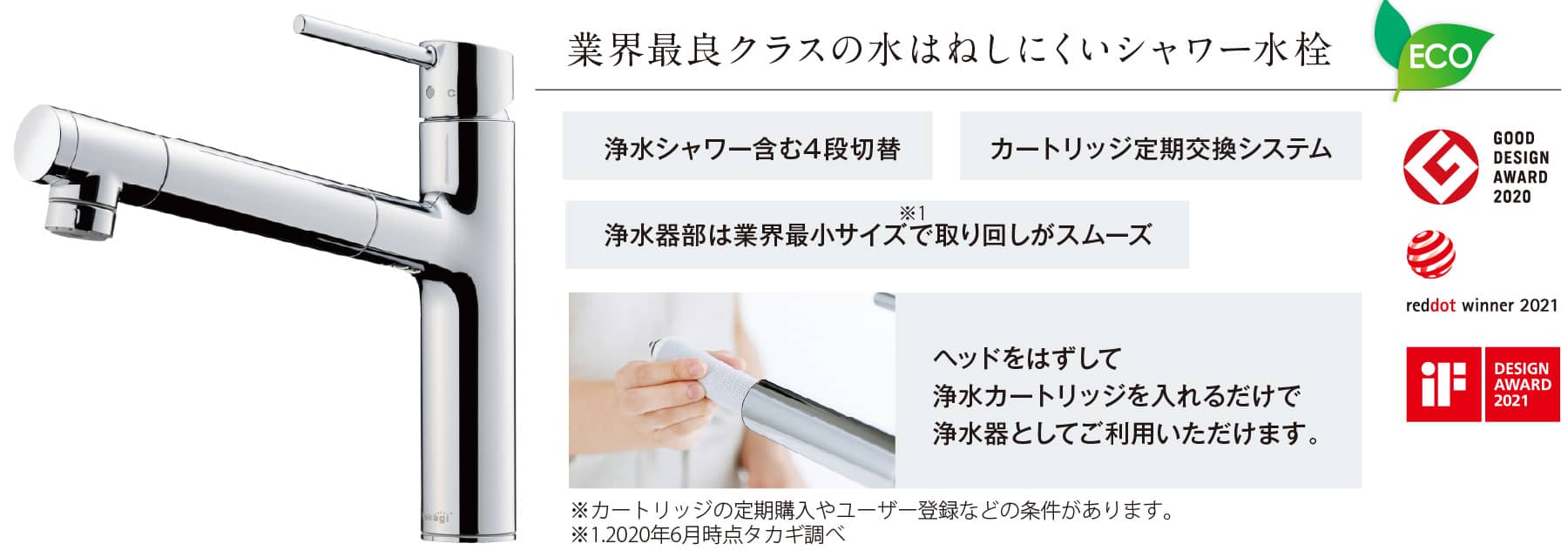 業界最良クラスの⽔はねしにくいシャワー⽔栓